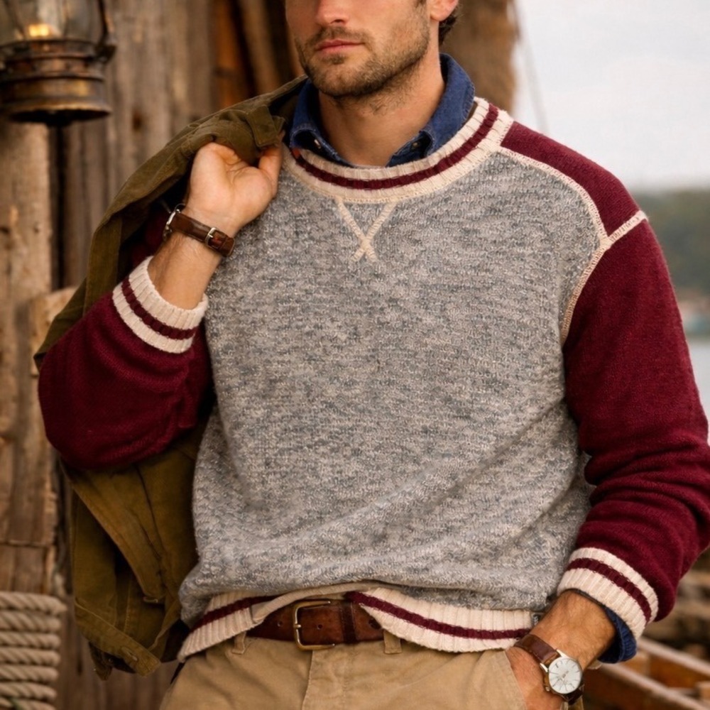 BRUZER Mens Large Heather Gray Burgundy Heritage-Inspired Varsity‎ Knit Sweater
